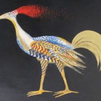 Bunter Vogel, Öl auf Holz, Privatbesitz